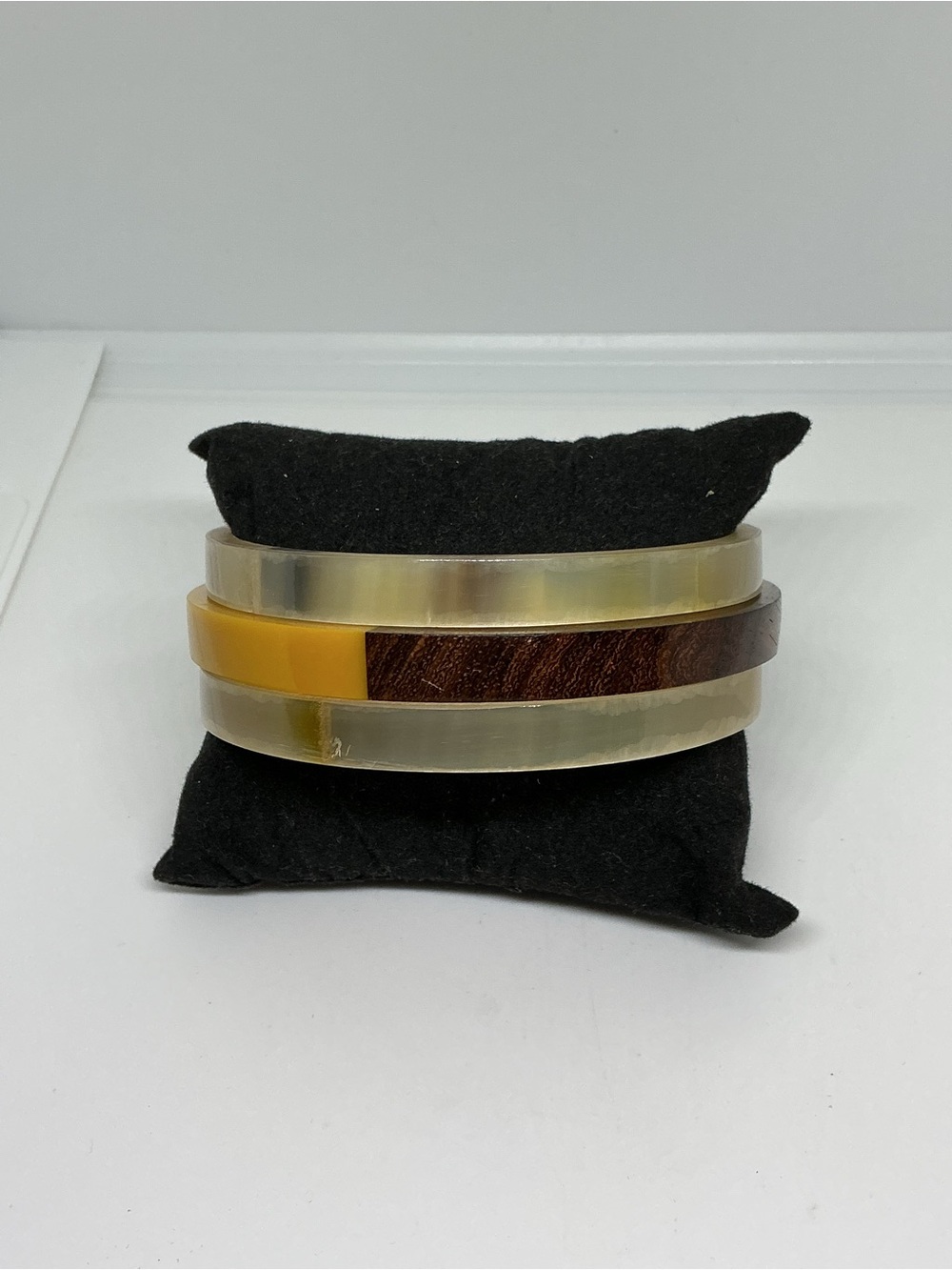 Vintage 3pc Bangle Bracelet Lot Genuine Horn Wood Lucite Mustard Yellow